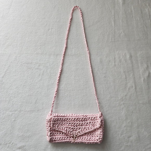Handmade Handbags - Crochet Shoulder Bag Pink Handcrafted Knit Envelope‎ Crossbody Boho Coquette 80s